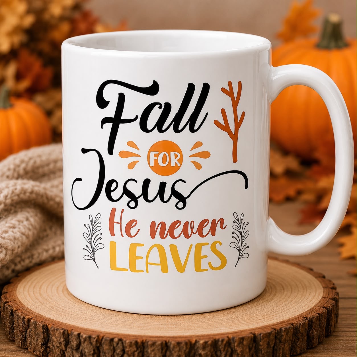 Fall for Jesus He Never Leaves Fall mug